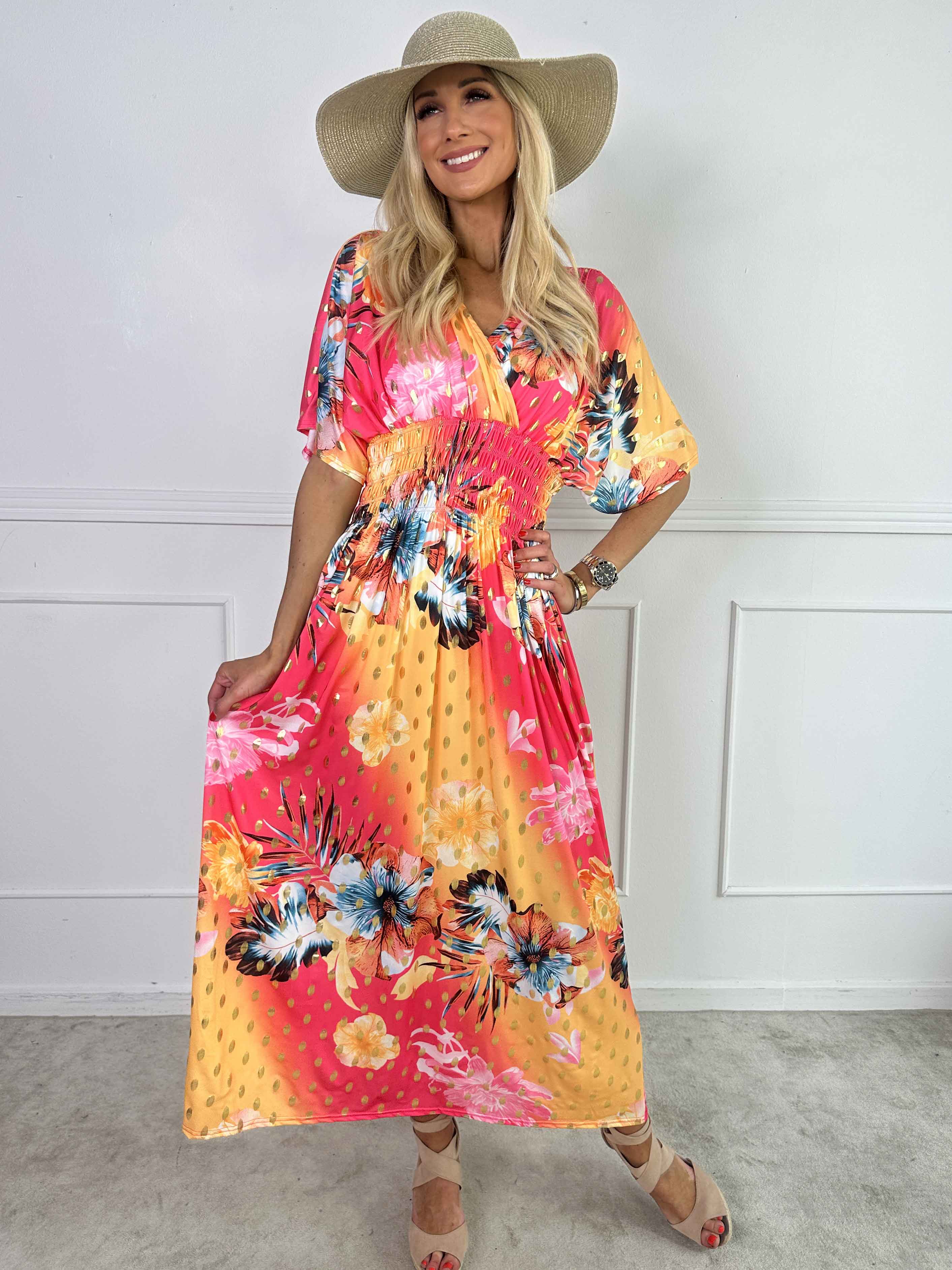 Pams Hawaii - Lang kjole i elastisk stof med blomsterprint